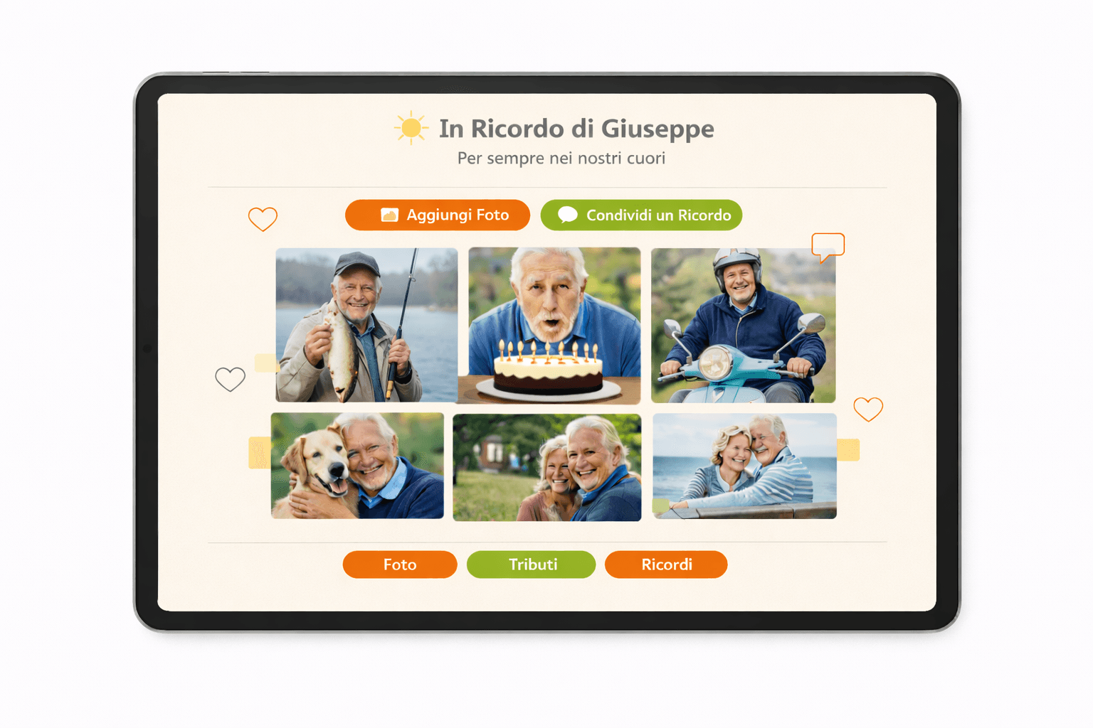 Memoriale eterno con candele virtuali accese e fiori commemorativi per lutto collettivo
